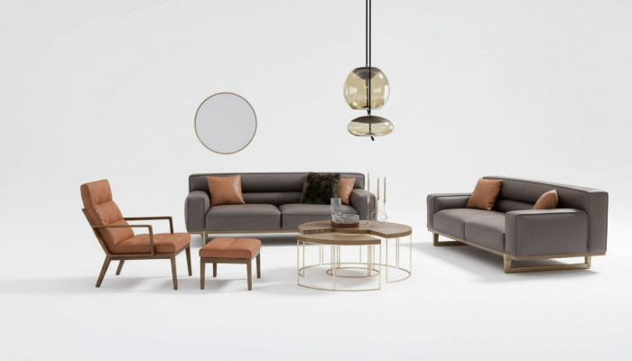 Bruine woonkamerset Luxueuze 3-zits Stivloller fauteuil Beklede poef