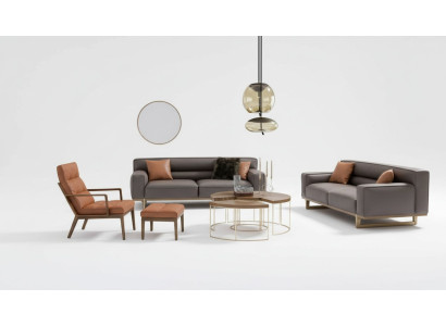 Bruine woonkamerset Luxueuze 3-zits Stivloller fauteuil Beklede poef