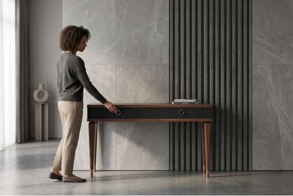 Moderne consoletafel met laden luxe walnoot naturel - antraciet.