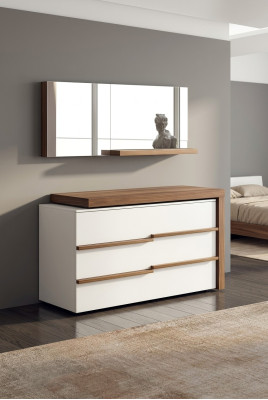 Witte luxe ladekast met spiegel, modern walnoothout natuur design, nieuw.
