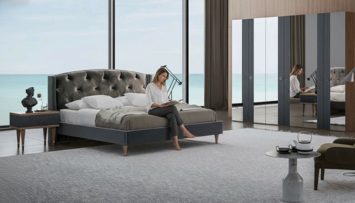 Modern Chesterfield slaapkamer set met design tweepersoonsbed en nachtkastjes