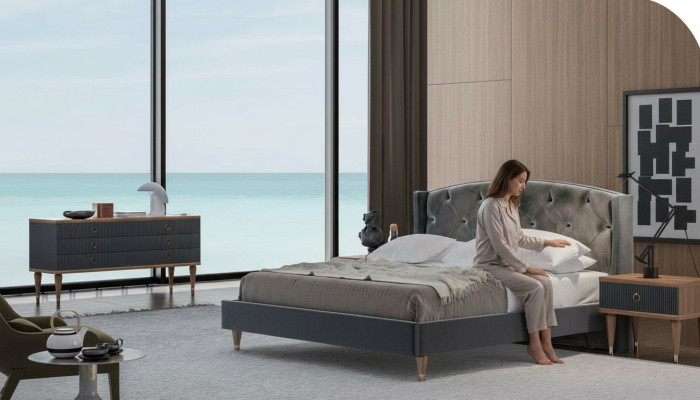 Grijs slaapkamer pak Luxe set Tweepersoonsbed 2x nachtkastjes Commode