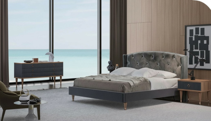 Grijs slaapkamer pak Luxe set Tweepersoonsbed 2x nachtkastjes Commode