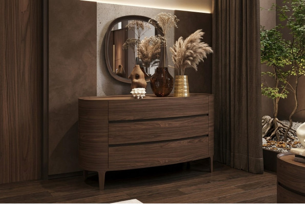 Bruine designer commode in moderne stijl met opbergruimte voor slaapkamermeubels.