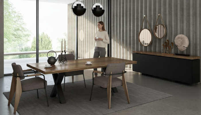 Eetkamermeubel set Eettafel Stoelen Dressoir Walnoot natuur - Antraciet mat