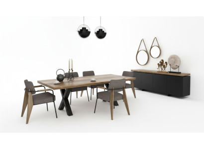 Eetkamermeubel set Eettafel Stoelen Dressoir Walnoot natuur - Antraciet mat