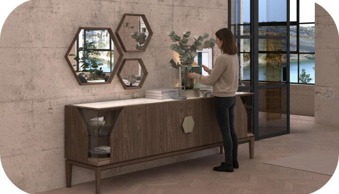 Luxe Bruin dressoir met glaselementen opbergmeubels eetkamermeubilair hout