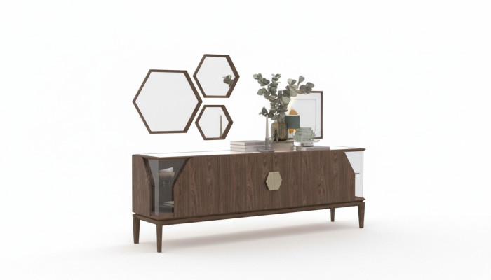 Luxe Bruin dressoir met glaselementen opbergmeubels eetkamermeubilair hout