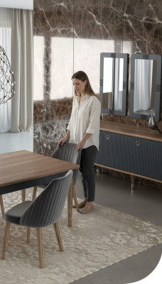 Grijze moderne luxe stoel stoelen éénpersoons houten meubels keukenstoelen
