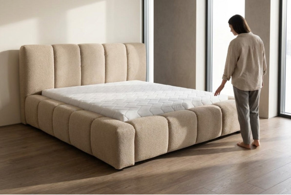 Bed grijs Tweepersoonsbed Slaapkamer Hout Meubel Ontwerp Bekleed Stof Nieuw