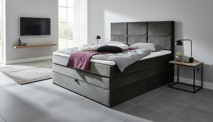 Grijze chique tweepersoonsslaapkamer houten meubels ontwerp elegant gestoffeerd stof