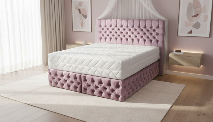 Chesterfield roze tweepersoons slaapkamer houten meubels ontwerp elegante bekleding stof