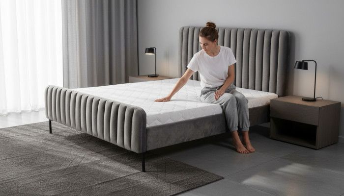 Grijze tweepersoons slaapkamer houten meubels ontwerp elegant stof klassieke meubels nieuw