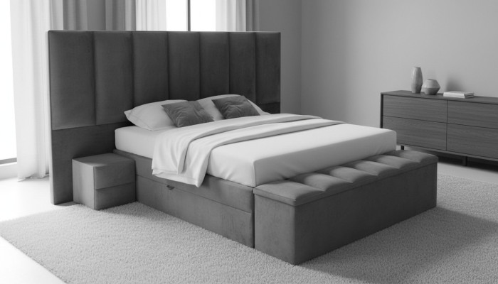 Grijze tweepersoonsbed + 2x nachtkastjes klassiek slaapkamermeubilair ontwerp elegant