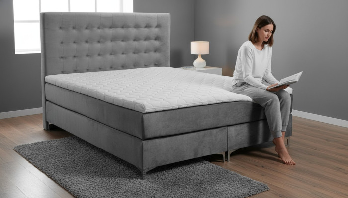 Grijze tweepersoonsbed, klassiek slaapkamer meubelontwerp. Elegante stof, nieuw.