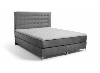 Grijze tweepersoonsbed, klassiek slaapkamer meubelontwerp. Elegante stof, nieuw.