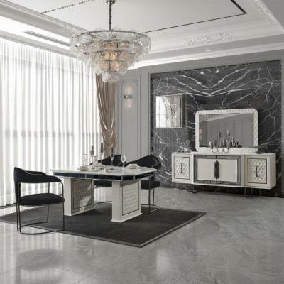 Eetkamer set Eettafel 4x stoelen Tafel Armstoel Dressoir Spiegel 7-delig