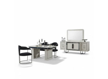 Eetkamer set Eettafel 4x stoelen Tafel Armstoel Dressoir Spiegel 7-delig