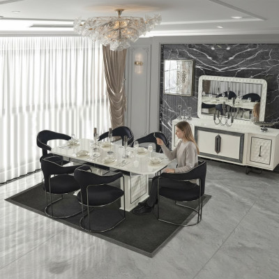 Modern eetkamer set Witte eettafel 6 stoelen wit dressoir Spiegel nieuw
