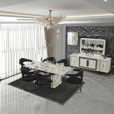 Modern eetkamer set Witte eettafel 6 stoelen wit dressoir Spiegel nieuw