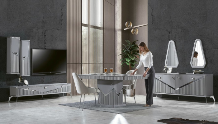 Grijze moderne eetkamerset 4x stoel spiegel dressoir rek 9-delig