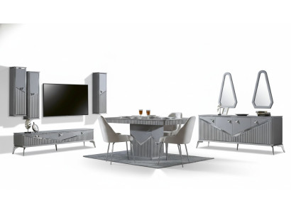 Grijze moderne eetkamerset 4x stoel spiegel dressoir rek 9-delig