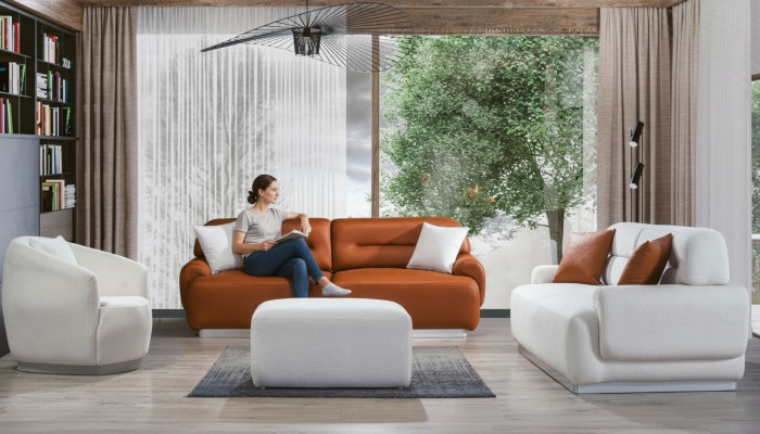 Gezellige bankstel woonkamer bank zitkussens set 3+3+1 voetenbankje 4-delig