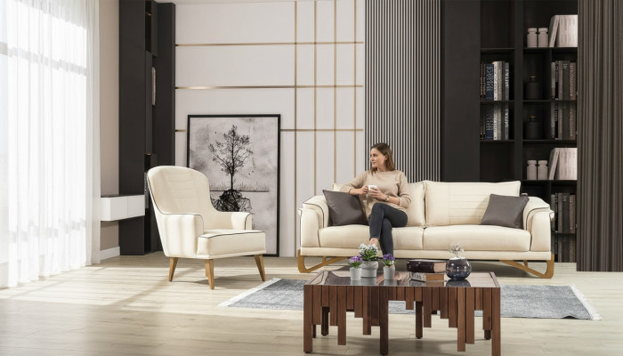 Sofaset Beige met houten frame 3+1 zits bankstellen meubels