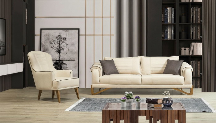 Sofaset Beige met houten frame 3+1 zits bankstellen meubels
