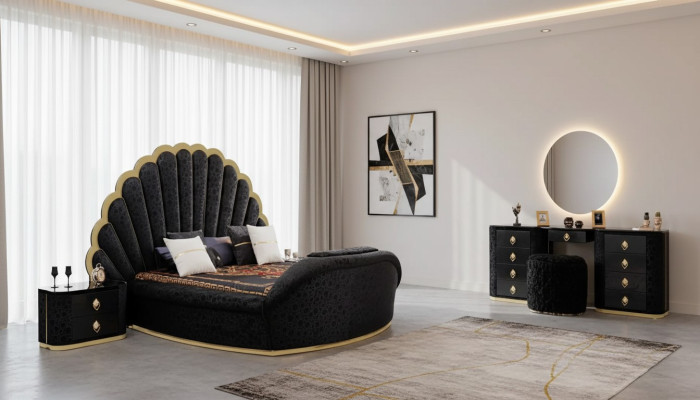 Moderne luxe slaapkamermeubels gemaakt van hoogwaardige stof en stevig hout.