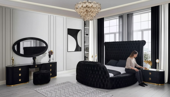 Slaapkamer zwart set Bed 2x nachtkastjes Kaptafel Chesterfield 5-delig.
