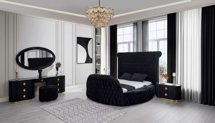 Slaapkamer zwart set Bed 2x nachtkastjes Kaptafel Chesterfield 5-delig.
