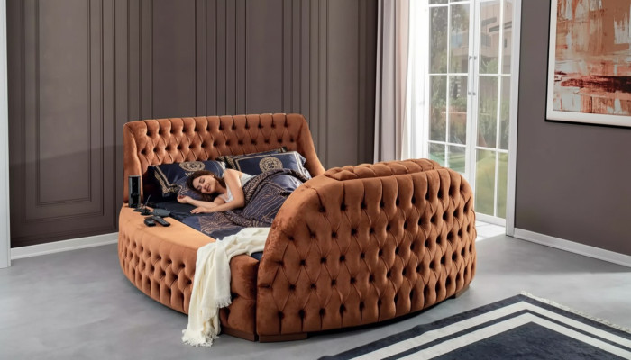 Chesterfield Bed Upholstered Design Luxury Beds Hotel Brown with TV Screen