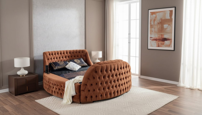 Chesterfield Bed Upholstered Design Luxury Beds Hotel Brown with TV Screen