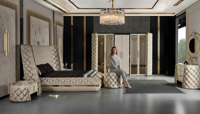 Slaapkamer Set Chesterfield Meubel Ontwerp Bed Kledingkast Spiegel 7-delig.