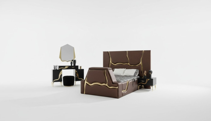 Luxe slaapkamerset bed nachtkastje goud kaptafel nachtkastjes 5-delig