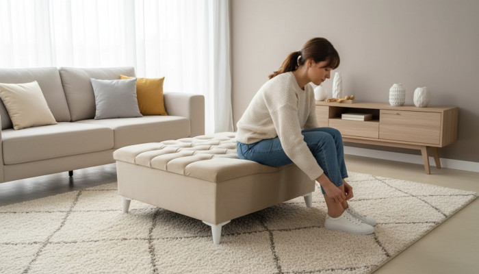 Ontwerp krukje, ontwerp gestoffeerde voetenbank, Ottomaanse stoel, textiel chaise lounge