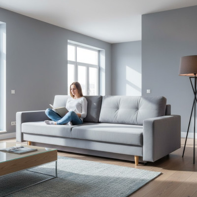 Comfortabele en functionele uittrekbare 3-zitsbank in lichtgrijs, in een moderne stijl.