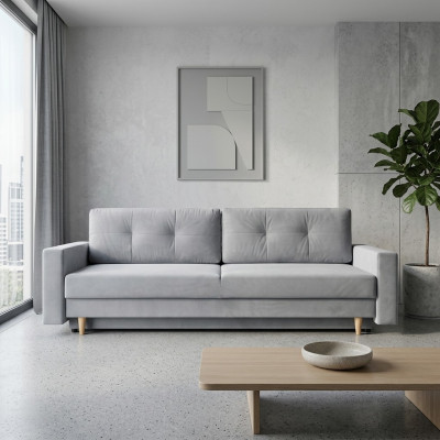Comfortabele en functionele uittrekbare 3-zitsbank in lichtgrijs, in een moderne stijl.