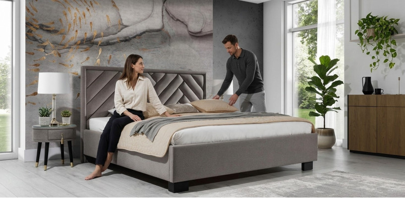 Slaapkamer Set Grijs Bed Hout 2x Nachtkastjes Elegant Modern Mooi Nieuw 3-delig.