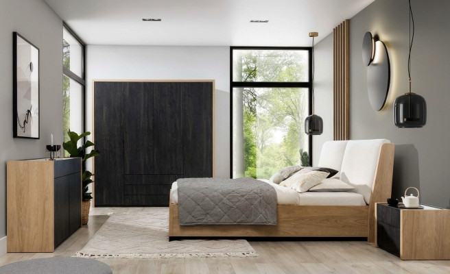 Slaapkamer Set Beige Bed 2x Nachtkastjes Commode Kledingkast Modern 5-delig.