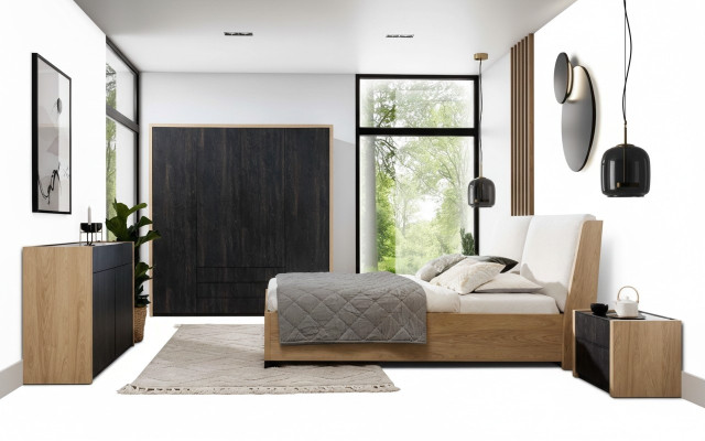 Slaapkamer Set Beige Bed 2x Nachtkastjes Commode Kledingkast Modern 5-delig.