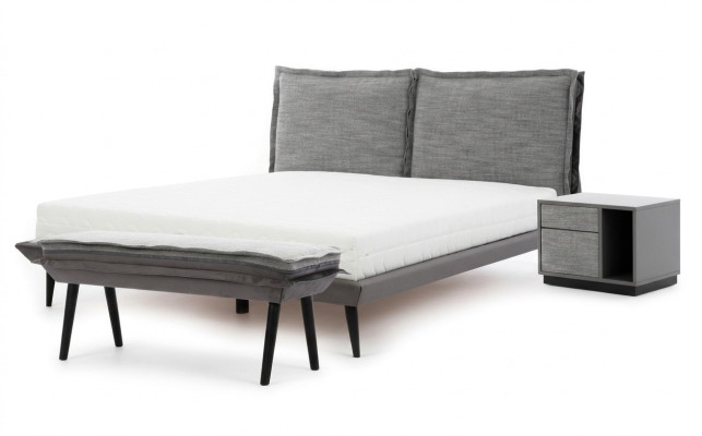 Slaapkamer set Grijs Bed Elegante 2x Nachtkastjes Luxe Kruk Modern 4-delig.