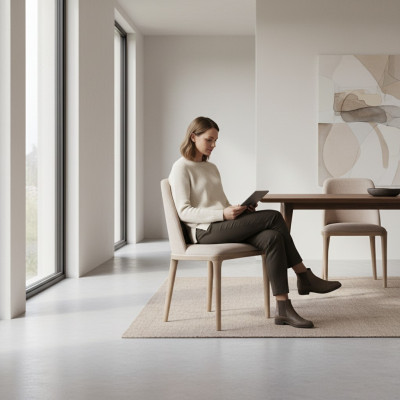 Luxe design gestoffeerde stoel stoelen zit eetkamer hout textiel fauteuil massief hout