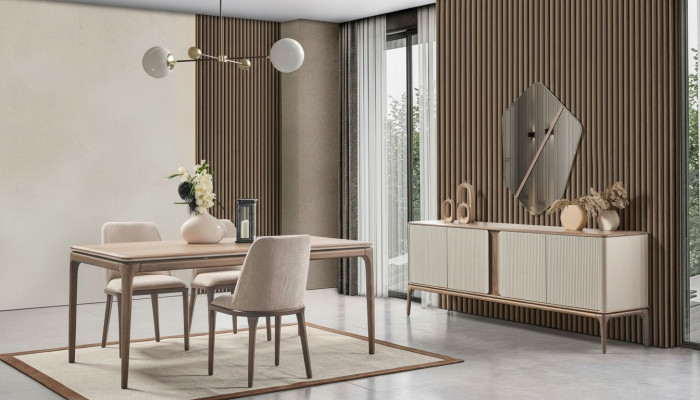 Eetkamerset Eettafel 4 stoelen Dressoir Spiegel Modern 7-delig Hout Beige