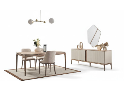 Eetkamerset Eettafel 4 stoelen Dressoir Spiegel Modern 7-delig Hout Beige
