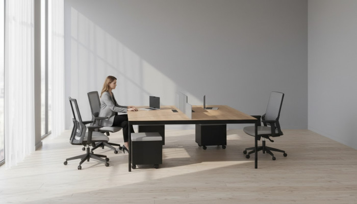 Modulaire kantoormeubelen, bureaus, luxe inrichting, houten meubels, nieuw.