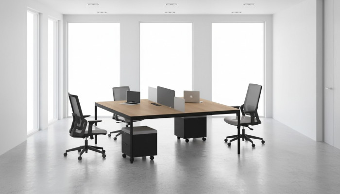 Modulaire kantoormeubelen, bureaus, luxe inrichting, houten meubels, nieuw.
