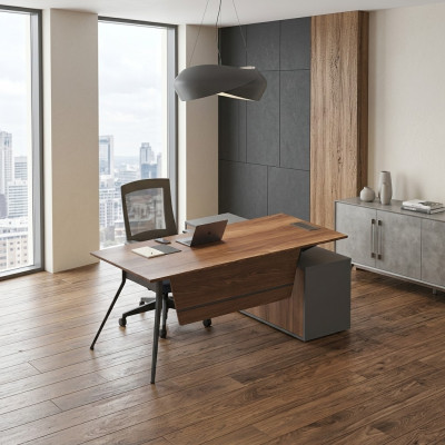 Grote bruine hoekbureau houten meubels inrichting werkkamermeubels