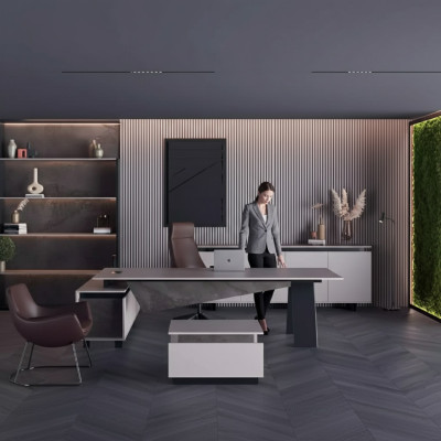 Grijze kantoorinrichting bureau dressoir kantoormeubilair Modern Hout